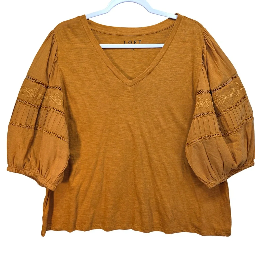 Loft Puff Sleeve Top Womens XL Boho Crochet Lace Embroidered Vneck Gold Mustard